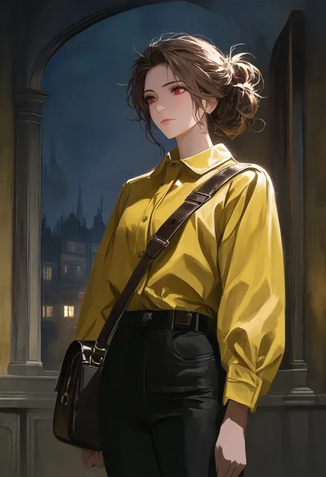 ((adult)), (woman), ((tall)), masterpiece, best quality, dark aura, brown hair, ((updo hair)), (messy hair) , ringed dark red eyes, plain white shirt, Yellow coat, black pants, carrying a big waist leather bag, (faint smile), realistic anime style, (oil pa...