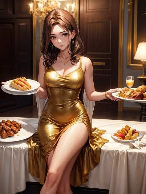 an adult woman, hip length brown hair, Brown eyes, in an expensive dinner setting, short gold dress with diamonds