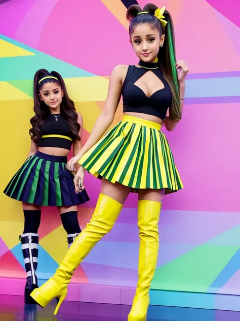 Ariana Grande, performance outfit with yellow-green striped short pleated skirt, long yellow-green striped boots, butt turned, eyes facing the camera, wall of colors