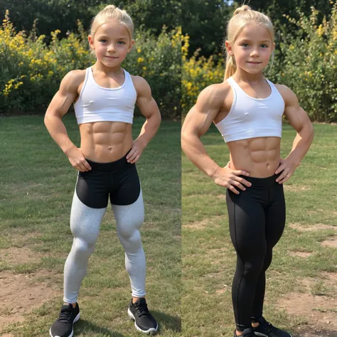 beautiful 10 year old blonde muscular bodybuilder children girl with big muscles wearing a cute long leggings, freckles, being outside