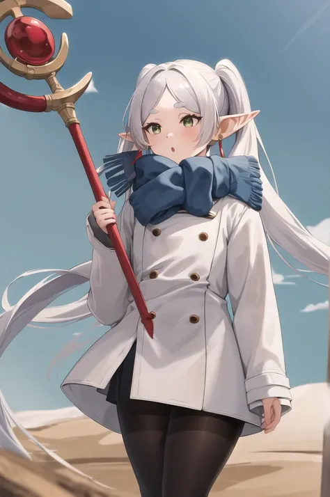 masterpiece, best quality, highres, aafrie, long hair, white hair, twintails, pointy ears, earrings, thick eyebrows, blue scarf, white coat, double-breasted, buttons, black pantyhose, holding staff, outdoors, :o