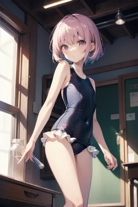 Highest quality、Complete limbs、Full Finger、Slender beauty、Straight Hair、Very Short Hair、Knee-length、Pink school swimsuit、Small eyes、Frills、Panty shot