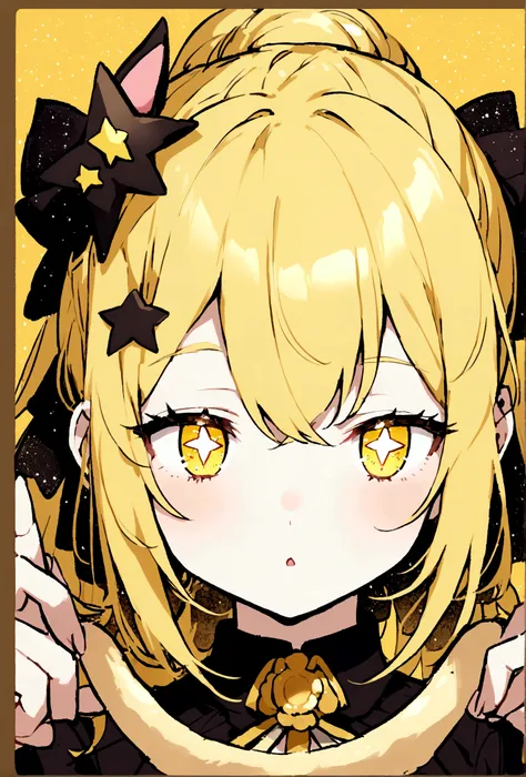 Yellow Hair、Ponytail on the right、Right eye is blue、Left eye is yellow、Stars in the eyes、Double Peace、Cat ear、Star hair ornament、Girl