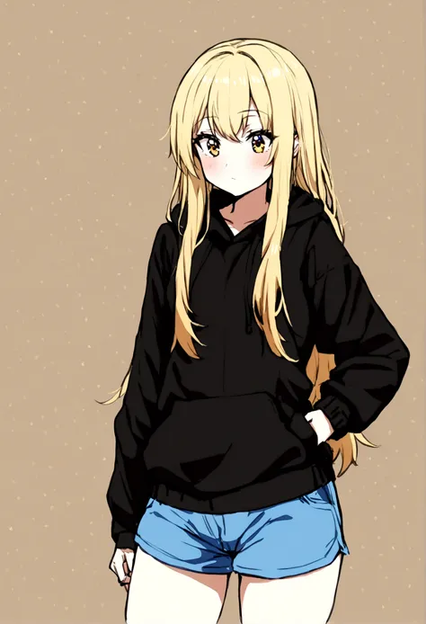 1girl, teen, black hoodie, blue shorts, long blond hair,