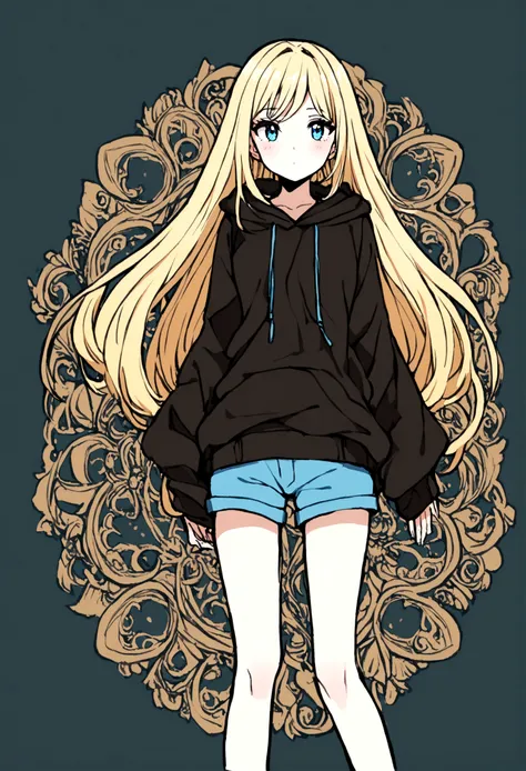 1girl, teen, black hoodie, blue shorts, long blond hair,