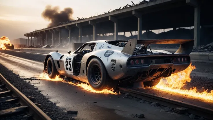 A futuristic race through a destroyed track after a nuclear explosion、Cinematic still image of a race car suffering a gas puncture。Crash、Destruction and explosion、Flaming、Shallow depth of field、Vignette、Very detailed、High budget、Bokeh、CinemaScope、Moody、gro...