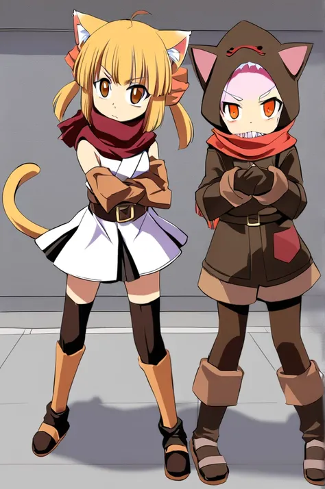 Short blonde hair, cat ears and tail to match hair color, orange eyes, wearing a red scarf, dressed like a brownish bandit, cute girl with a cat beast, brown leather gloves on her hands, two daggers in her hands, ready for battle, 15 years old, the picture...