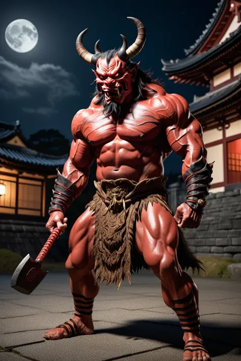 "A fearsome Japanese oni demon, muscular red body, horns, fangs, wearing tiger-skin loincloth, wielding an iron club, standing in front of a traditional Japanese castle at night, moonlit scene, detailed texture, dramatic lighting"
