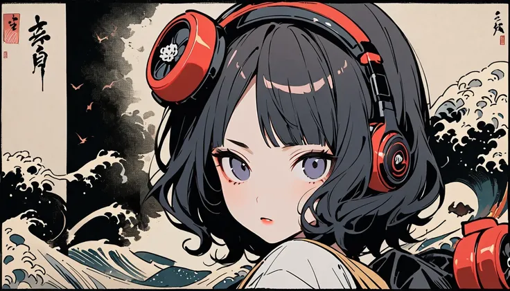 Highest quality, Katsushika Hokusai, Ink Painting, (((1 girl))), (((Horror elements))), Japanese style headphones, beautiful girl, Black Hair, Delicate and precise, Modern ukiyo-e style, Darkness