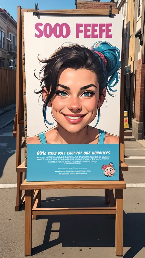 Create a promotional image for selling caricatures. The image should include a drawing bench with several examples of colorful caricatures hanging around it. On the bench, an artist is drawing a new caricature, with a big smile on its face. in the spotligh...