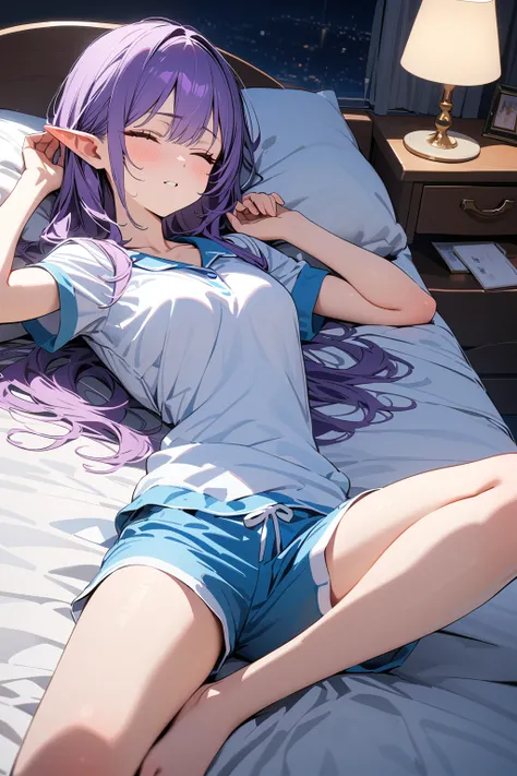 (masterpiece, best quality:1.5), (ultra detailed, high resolution, 8k, beautiful detailed, UHD, best anatomy), purple hair, very flat breasts, 1 attractive elf, barefoot, bed room, night, Lying on the bed, asleep, Both eyes closed, Pajamas with short sleev...