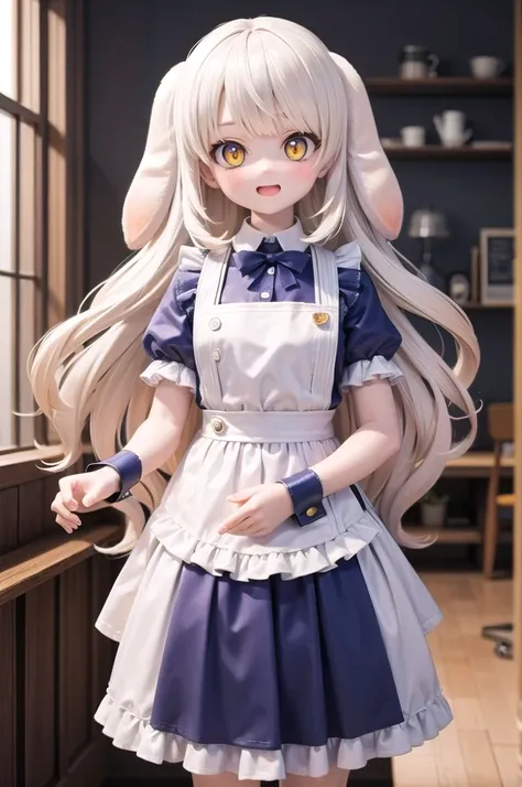 best quality, 1girl, radiyu, white hair, yellow eyes, floppy rabbit ears, nsfw, maid uniform, clear eyes