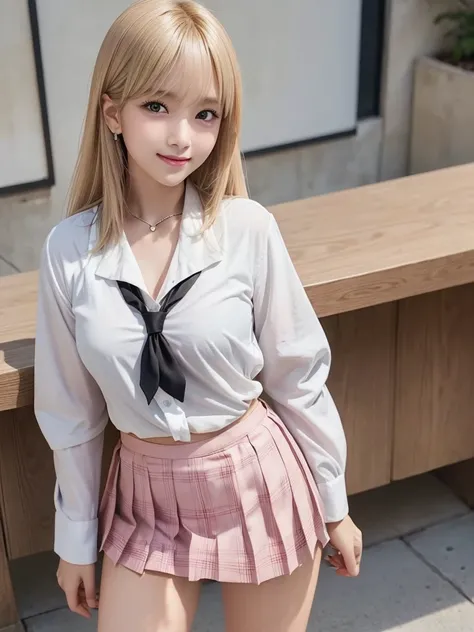 8K, Highest quality, The real picture, Intricate details, Very detailed, Ultra-high resolution, Depth Field,(Realistic,Realistic:1.2),Tabletop , (Full Body Shot) , From the middle 1 girl, eye_Chan, Very beautiful 17 year old girl, innocent big eyes,、Beauti...