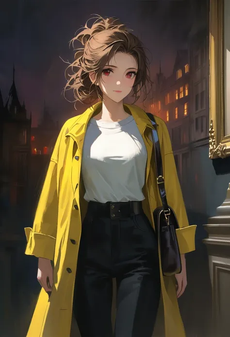 ((adult)), (woman), ((tall)), masterpiece, best quality, dark aura, brown hair, ((updo hair)), (messy hair) , ringed dark red eyes, plain white shirt, Yellow coat, black pants, carrying a big waist leather bag, (faint smile), realistic anime style, (oil pa...