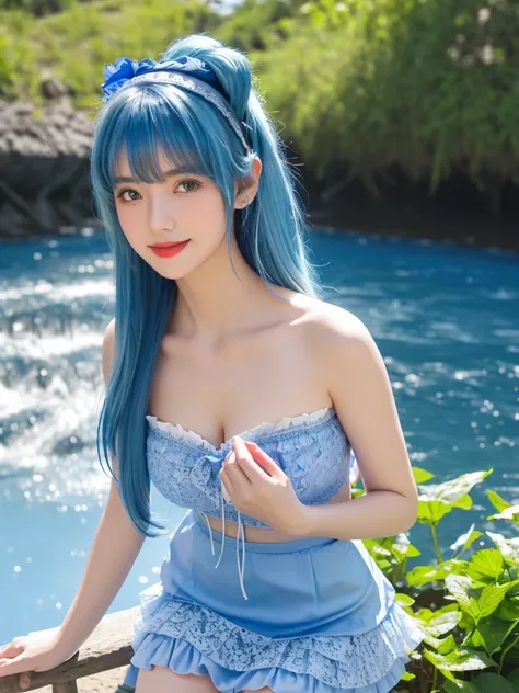 1girl, solo, facing viewer, smile, medium breast, cleavage: 1.2, , masterpiece, HD, detailed skin, detailed face and eyes, realistic, high resolution, 8k, Sleeveless, ((Layered Lolita)), (Blue Strapless Lace Lolita), (Blue Mini Skirt), Flower Headband, Hol...