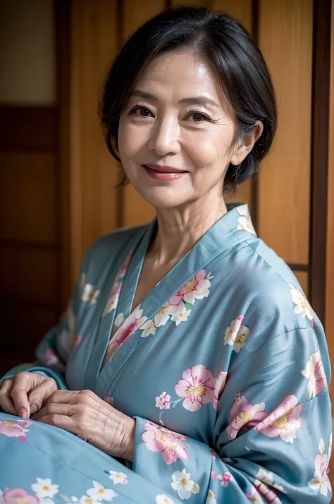 (masterpiece:1.4),(65-year-old woman:1.5),(facial wrinkles 1.2),gentle smile, (up hair : 1.1), (wearing kimono with floral pattern), Motherhood Mature Woman