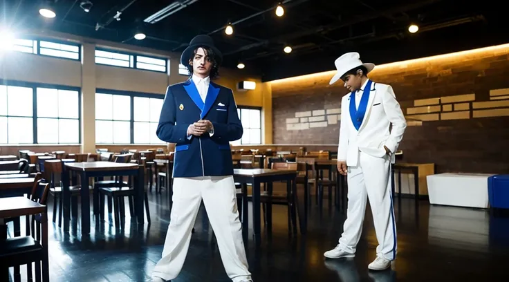 Photorealistic image of a 7-year-old Caucasian boy performing on a makeshift stage in the school cafeteria. The boy is autistic and is dressed like Michael Jackson in the Smooth Criminal music video. He is giving an amazing performance that surprises all a...