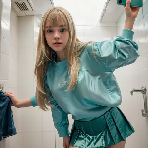 Pale blonde teenage girl with bangs, shiny silky hair, and blue-green eyes with a long green sweatshirt and a mini skirt taking a photo in the mall bathroom alone giving a close-up 
