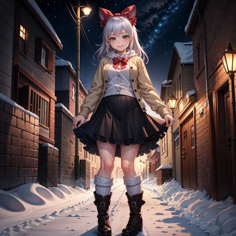 (masterpiece:1.2), best quality, highres, original, (extremely detailed:1.2), ultra-detailed, wallpaper, perfect lighting,(extremely detailed CG:1.2), 8k, anime illustration, 1girl, solo, smiling, (winter outfit:1.2), standing on the street, (knit cardigan...