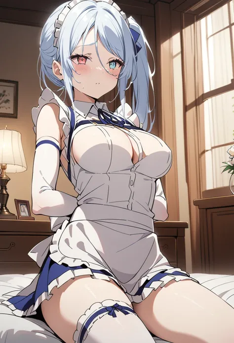 (best quality),masterpiece,perfect body,very long white hair ,medium round breast,heterochromia red&blue eye,side pony tails,most beautiful girl,apron,blue pleated skirt,thigh sock,elbow gloves,ribbon hair tie,a girl raped,a wife raped in bedroom by her hu...