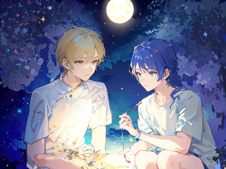 Two boys，The person on the left has blond hair，The person on the right has dark blue hair，White T-shirt，Background is starry sky，night，Beautiful starry sky，Hold a fireworks stick，hanabi，Hanabi，The right light and shadow，8K，Correct human body，Detailed eye p...