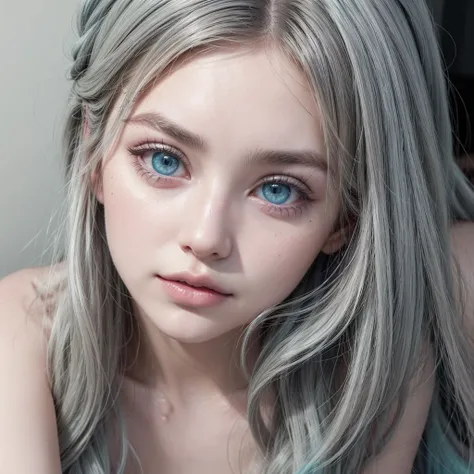 A beautiful girl with black and gray hair, white and pale skin, beautiful pink lips, greenish blue eyes, long curly eyelashes, unreal and angelic beauty