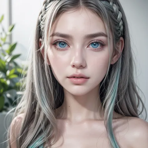 A beautiful girl with black and gray hair, white and pale skin, beautiful pink lips, greenish blue eyes, long curly eyelashes, unreal and angelic beauty