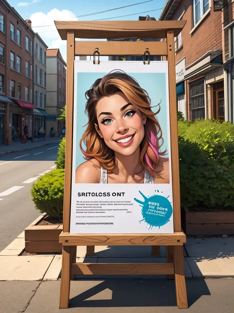 Create a promotional image for selling caricatures. The image should include a drawing bench with several examples of colorful caricatures hanging around it. On the bench, an artist is drawing a new caricature, with a big smile on its face. in the spotligh...