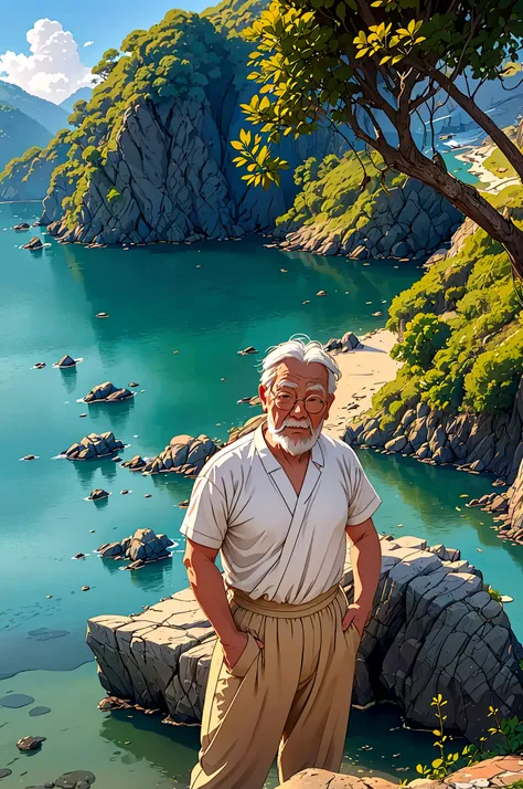 Create a high-quality anime-style image featuring an elderly man standing on a rocky cliff by the sea. The man has white hair, a beard, and is wearing round glasses. He is dressed in a white shirt, beige pants rolled up at the ankles, and white sneakers. H...