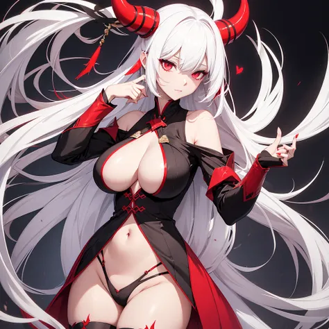 A she-devil with white hair and red eyes, slanted white skin, a long-sleeved silk shirt with black white stripes, huge breasts and a big ass with small red horns.