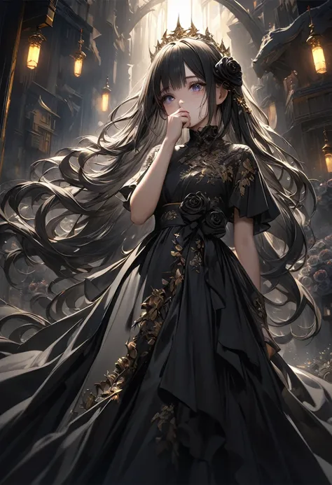 Full Body View, Elevation, Beautiful attention to detail, Beautiful lip detail, Highly detailed eyes and face, Long eyelashes, beautiful and cute young girl, Princess of the Underworld, dark表情, Depressed face, look up, Put your hand over your mouth, White ...