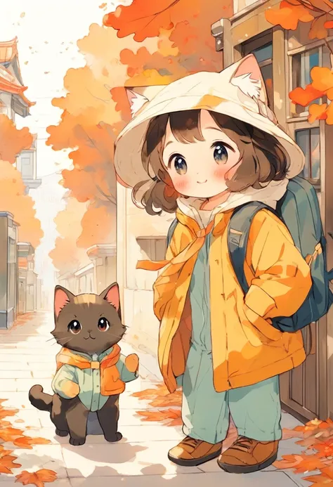 (Highest quality:0.8), (Highest quality:0.8), Perfect illustration,Autumn season、I have two kittens, cute猫, cute子猫, cute, 信じられないほどcute, 愛らしくてcute, And cute and adorable. They are walking down the street with backpacks on., Walk together, commute, Walking p...