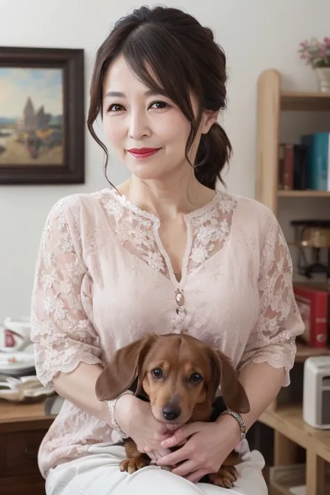 8K, Mature elegant Japanese woman, 55 years old, Married women, Delicate features, Long eyelashes, Sparkling eyes, Low Ponytail, Red lipstick, Rosy Cheeks, eye shadow, Attractive lips, Hug a Dachshund,  (Highest quality,8K,High resolution,masterpiece:1.2),