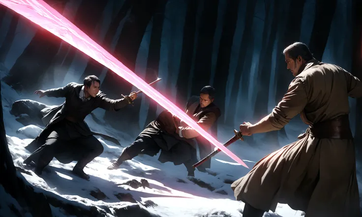 A sword fight between two men, epic anime scene, in a frozen forest environment, 4k resolution, detailed, highly realistic, dramatic lighting, vivid colors, cinematic composition, masterpiece, hyper detailed, photorealistic, sharp focus, physically-based r...