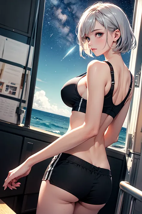 (masterpiece:1.5, Highest quality, Very detailed、 Dutch Angle、Realistic、2.5D、Realistic)(One Girl, Sports Girl)(Silver Hair:1.6,,short hair)(Sports Bra、Jacket:1.5、Shorts、tightedium breasts, Beautiful cleavage,underboob))(from backside),(Beautiful starry sky...