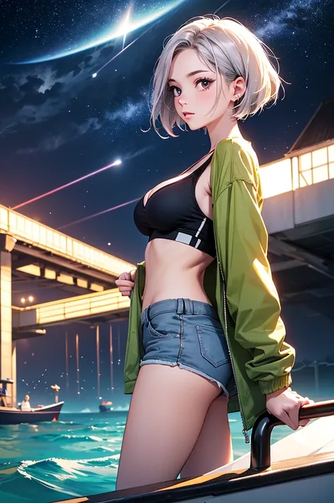 (masterpiece:1.5, Highest quality, Very detailed、 Dutch Angle、Realistic、2.5D、Realistic)(One Girl, Sports Girl)(Silver Hair:1.6,,short hair)(Sports Bra、Jacket:1.5、Shorts、tightedium breasts, Beautiful cleavage,underboob))(from backside),(Beautiful starry sky...