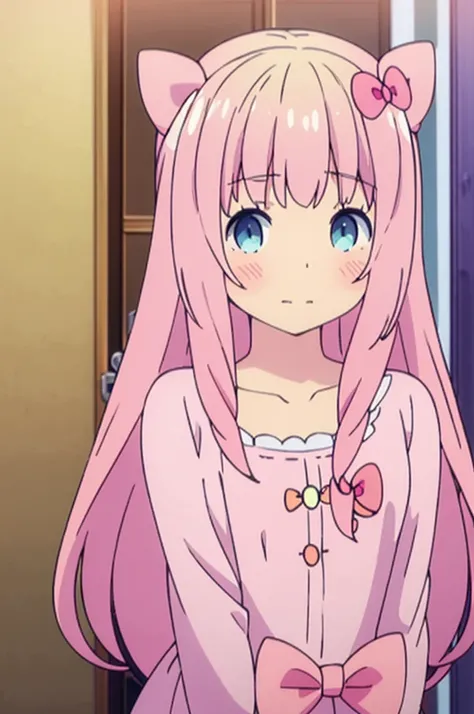 cute anime girl with pink hair bows, big hair, White skin, pink dress holding trans flag with bows in her pink hair, hello kitty, with a pink bow on her head, hello kitty, solution, with the trans flag