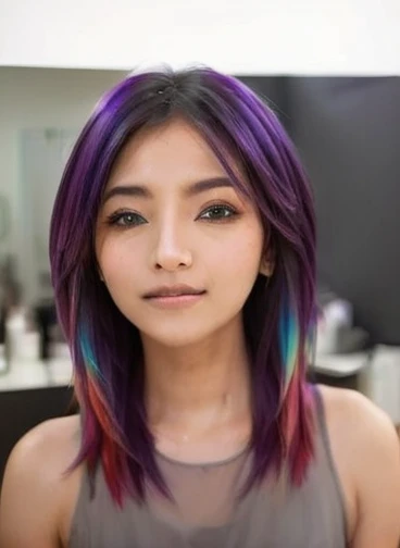 a young indonesian woman, sleek and straight hair, at the hair salon. she have a  layered haircut, bright rainbow hair with bright yellow, shocking pink, electric blue, neon green, vibrant purple, bright silver, bright orange, and flaming red haircolor. sh...