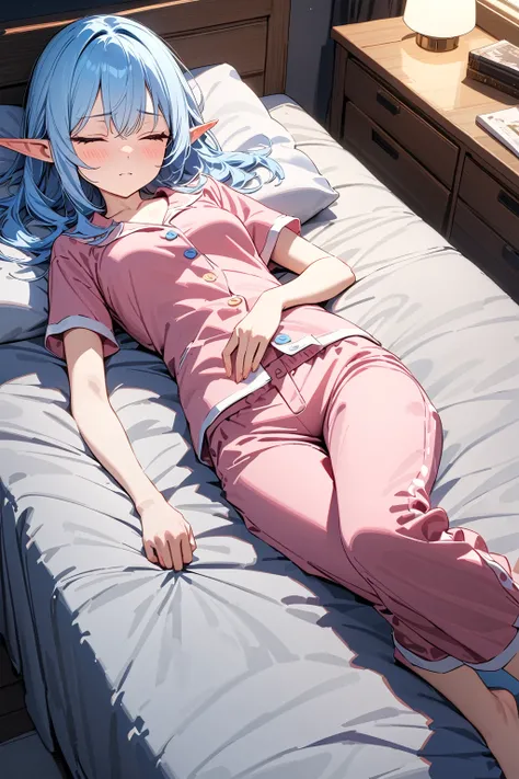 (masterpiece, best quality:1.5), (ultra detailed, high resolution, 8k, beautiful detailed, UHD, best anatomy), pale blue hair, very flat breasts, 1 attractive elf, barefoot, bed room, night, Lying on the bed, asleep, Both eyes closed, Pajamas with short sl...