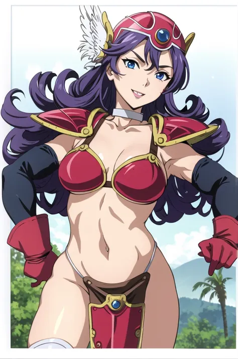 ((masterpiece, Highest quality,Edge Quality)), 
Edge DQ, Long Hair, chest, smile, blue eyes, large chest, gloves, belly button, chestの谷間, Purple Hair,  choker, elbow gloves, sword, bikini armor, Winged Helmet, red armor ,wearing Edge DQ_armor
 