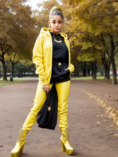 Ariana Grande, wearing a yellow hoodie with hidden pants, gold boots with rhinestones, hair tied in a high ponytail, posing for photos in the park, pouting