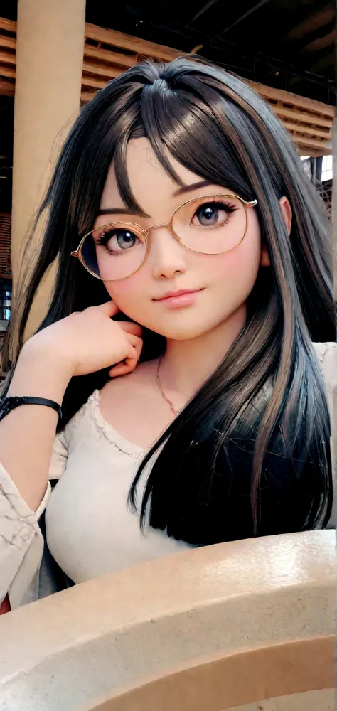 anime girl with glasses and white shirt posing for a photo, realistic anime art style, photorealistic anime, kawaii realistic po...