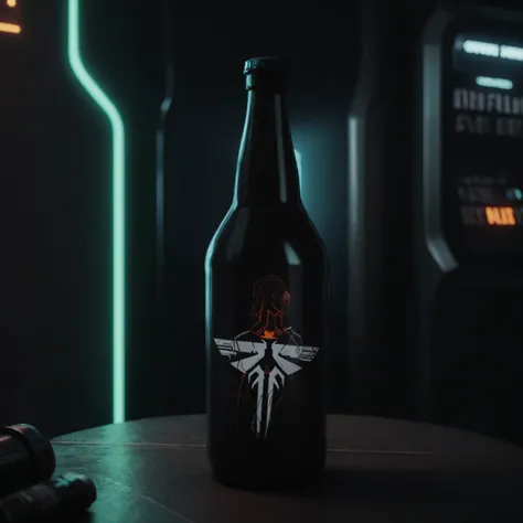 One bottle in the picture.A bottle of cyber beer presented in cyberpunk style, with characteristic elements: smooth, matte coating, decorated with bright neon luminous inserts. Design includes digital pixel patterns and abstract graphic elements, creating ...