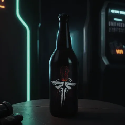 One bottle in the picture.A bottle of cyber beer presented in cyberpunk style, with characteristic elements: smooth, matte coating, decorated with bright neon luminous inserts. Design includes digital pixel patterns and abstract graphic elements, creating ...