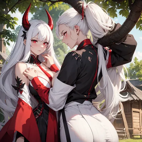 A she-devil with white hair and red eyes, slanted white skin, a long-sleeved silk shirt with black and white stripes, huge breasts and a big ass with small red horns, blushing with a tree house background and with a black-haired teenage boy.