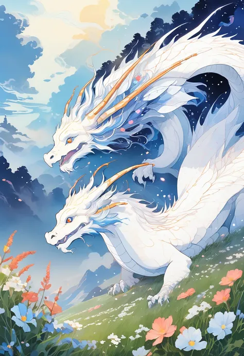 (Highest quality:0.8), (Highest quality:0.8), Perfect illustration,A pure white dragon descends onto the night grassland、Dragon close-up、Flower Field