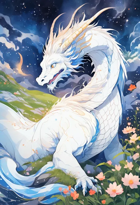 (Highest quality:0.8), (Highest quality:0.8), Perfect illustration,A pure white dragon descends onto the night grassland、Dragon close-up、Flower Field