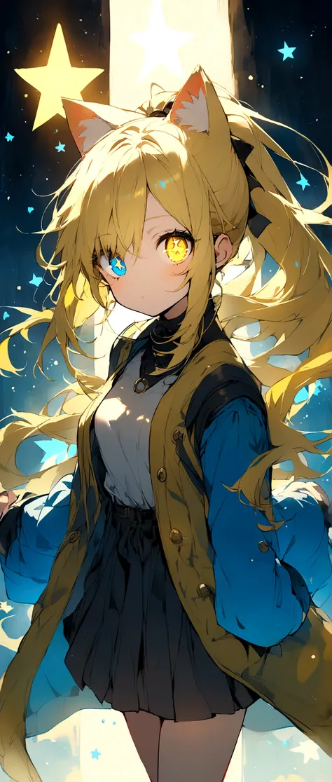 Yellow Hair、Ponytail on the right、Right eye is blue、Left eye is yellow、Odd Eye、Stars in the eyes、Cat ear、Girl