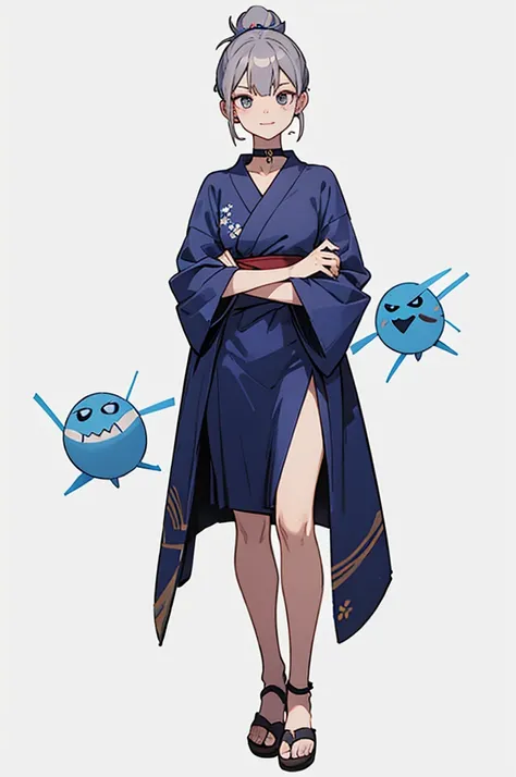 Blue Yukata、Gray Hair、Mischievous face、Choker on neck、Big earrings、Arms crossed、Only the mouth is smiling、Straw sandals、Choker on right leg、Shoulders are out(whole body、Are standing、、White background)