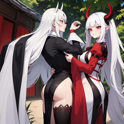 A she-devil with white hair and red eyes, slanted white skin, a long-sleeved silk shirt with black white stripes, huge breasts and a big ass with small red horns, blushing with a tree house background and with a black-haired teenage boy. man 